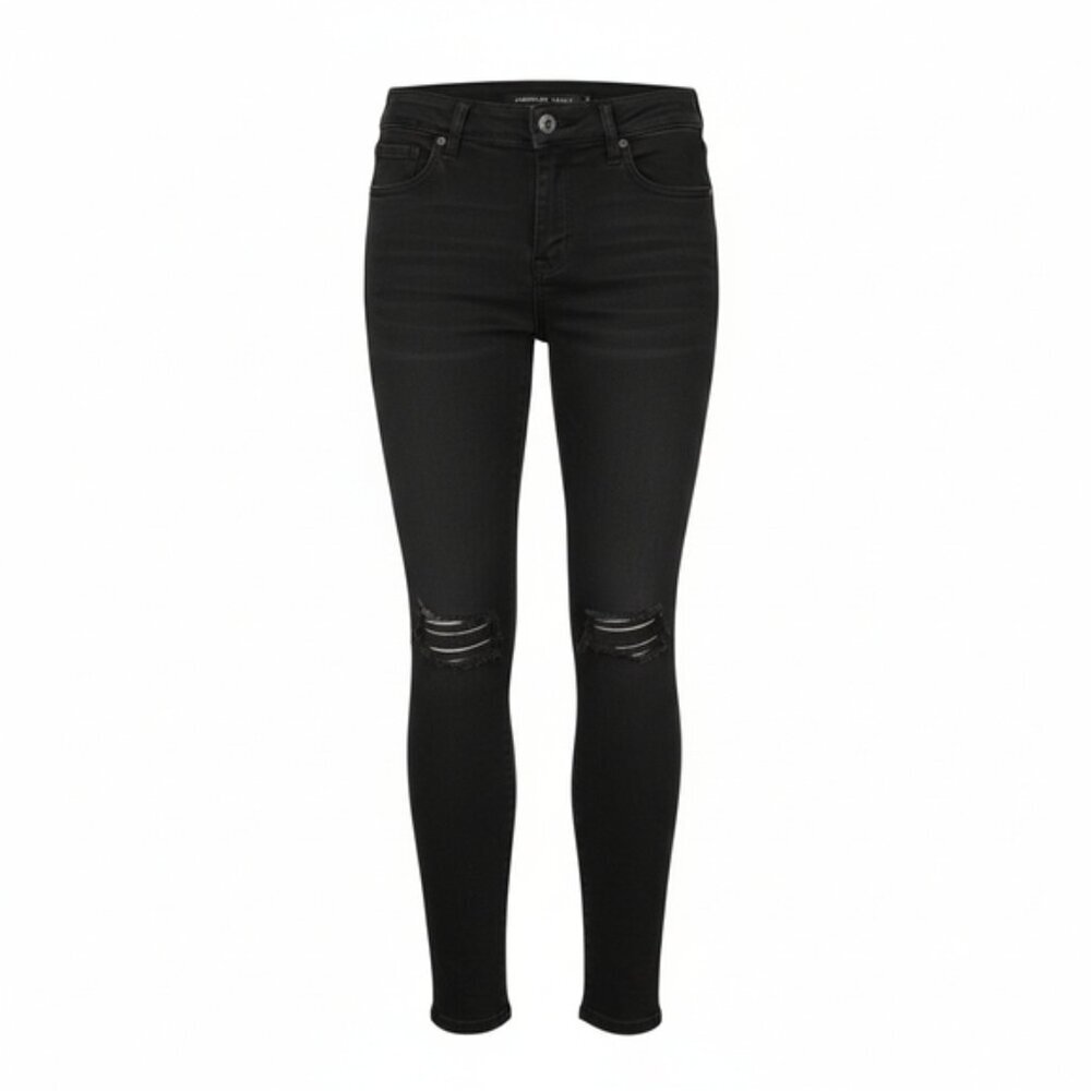 American Eagle Next Level Stretch SZ 4 Black Destressed Skinny Ripped Jeans